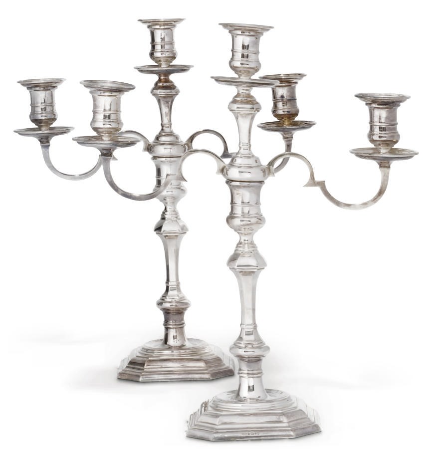 A PAIR OF MODERN SILVER THREE-LIGHT CANDELABRA