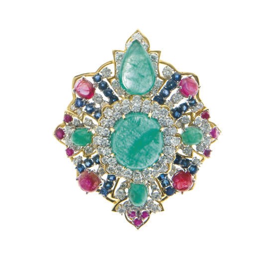 A MULTI-GEM, DIAMOND AND 18K GOLD BROOCH