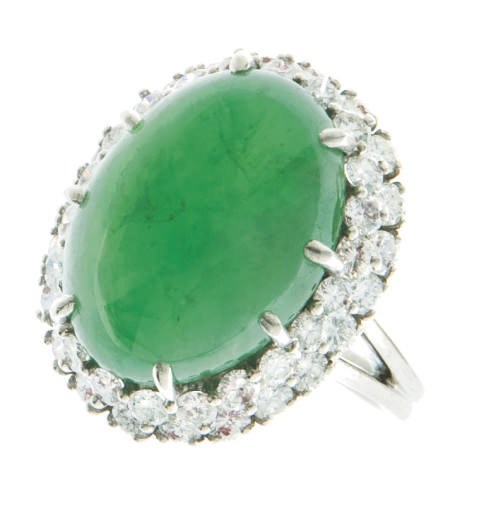 A JADE, PLATINUM AND DIAMOND RING