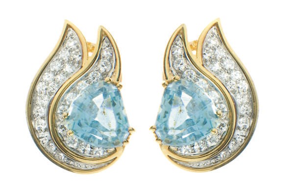 A PAIR OF BLUE TOPAZ, DIAMOND, PLATINUM AND GOLD EAR CLIPS, BY VAN CLEEF & ARPELS