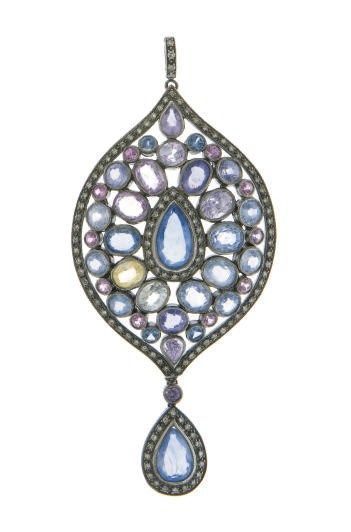 A DIAMOND, MULTI-COLORED SAPPHIRE AND BLACKENED GOLD PENDANT