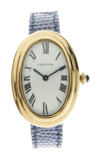 AN 18K GOLD AND SAPPHIRE "BAIGNOIRE" WRSITWATCH, BY CARTIER