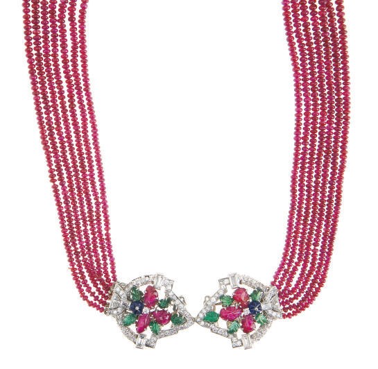 A DIAMOND, MULTI-GEM, PLATINUM AND WHITE GOLD NECKLACE