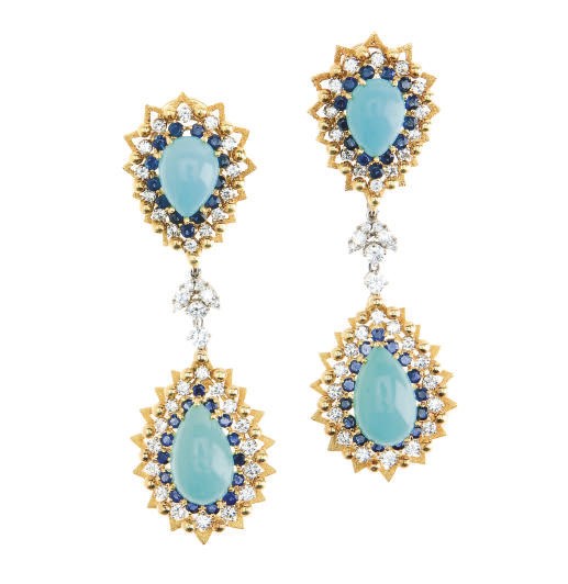A PAIR OF TURQUOISE, DIAMOND, SAPPHIRE, GOLD AND PLATINUM EAR PENDANTS