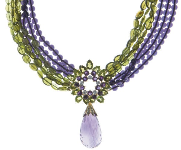 AN AMETHYST, PERIDOT, DIAMOND, GOLD AND WHITE GOLD NECKLACE
