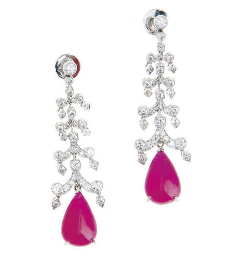 A PAIR OF RUBY, DIAMOND AND PLATINUM EAR PENDANTS