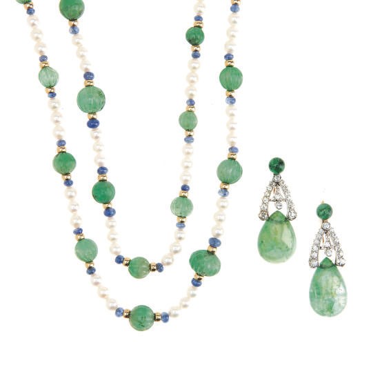 A GROUP OF EMERALD, SAPPHIRE, CULTURED PEARL, DIAMOND AND GOLD JEWELRY