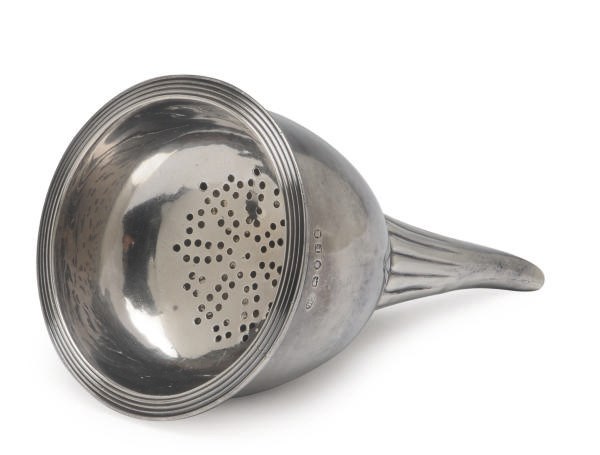 A GEORGE III SILVER WINE FUNNEL AND A STRAINER,