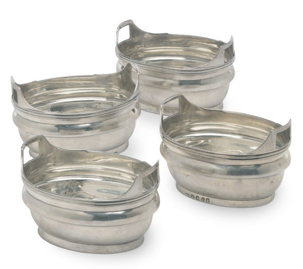 A SET OF FOUR GEORGE III OVAL SALT CELLARS OF CASK-FORM,