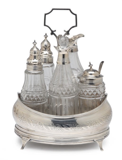 A GEORGE III SILVER CRUET STAND WITH FIVE SILVER-MOUNTED CUT-GLASS BOTTLES,
