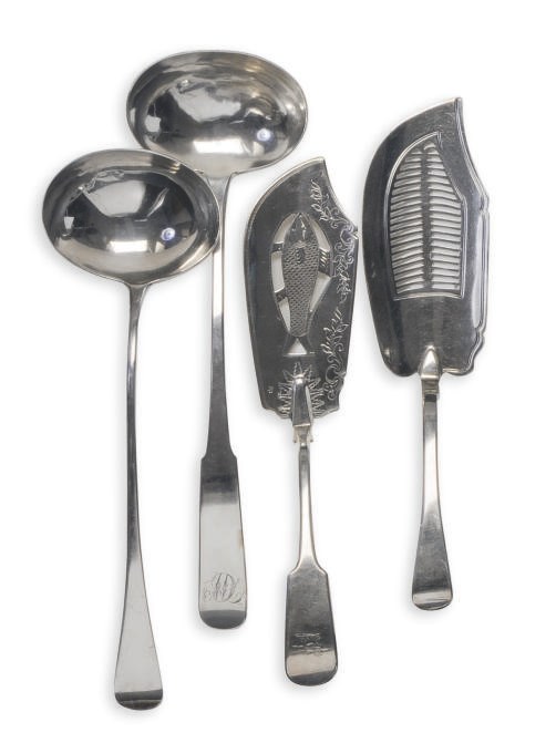 A GEORGE III IRISH SILVER FISH SLICE AND A GEORGE IV FISH SLICE AND A LADLE,