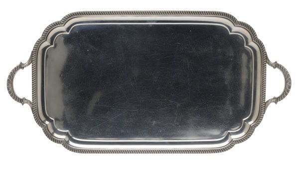 A GEORGE V SILVER TWO-HANDLED TEA TRAY,