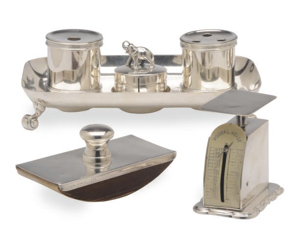 A GEORGE VI SILVER INK STAND AND A GEORGE V SILVER POSTAGE SCALE,