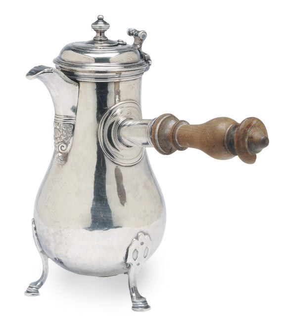 A LOUIS XV SILVER CHOCOLATE POT WITH HINGED COVER AND SPOUT,