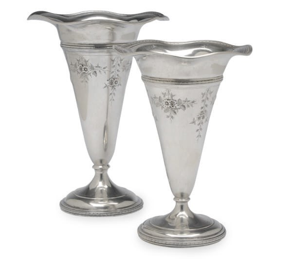 TWO AMERICAN SILVER TRUMPET-FORM VASES IN TWO SIZES,