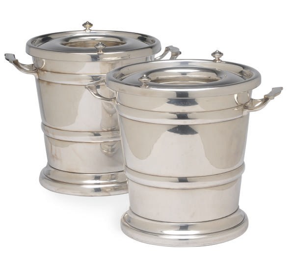 A PAIR OF AMERICAN SILVER-PLATED WINE COOLERS AND COLLARS,