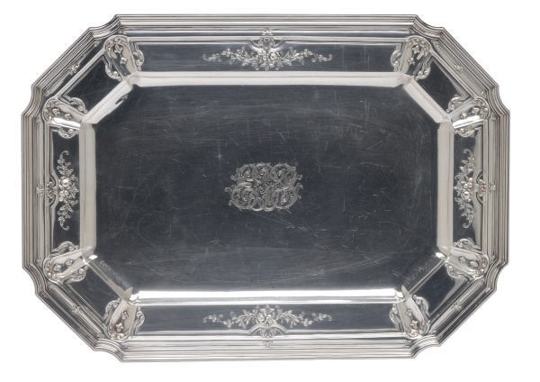 AN AMERICAN SILVER RECTANGULAR MEAT DISH WITH CUT CORNERS,