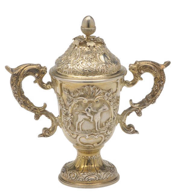 AN AMERICAN SILVER GILT TWO-HANDLED TROPHY CUP AND COVER,