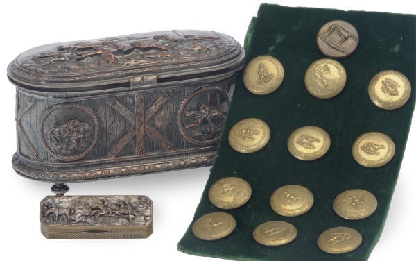 TWO SILVER-PLATED BOXES, AND A SET OF TWELVE BRASS BUTTONS EMBOSSED WITH FOX HUNTING SCENES,