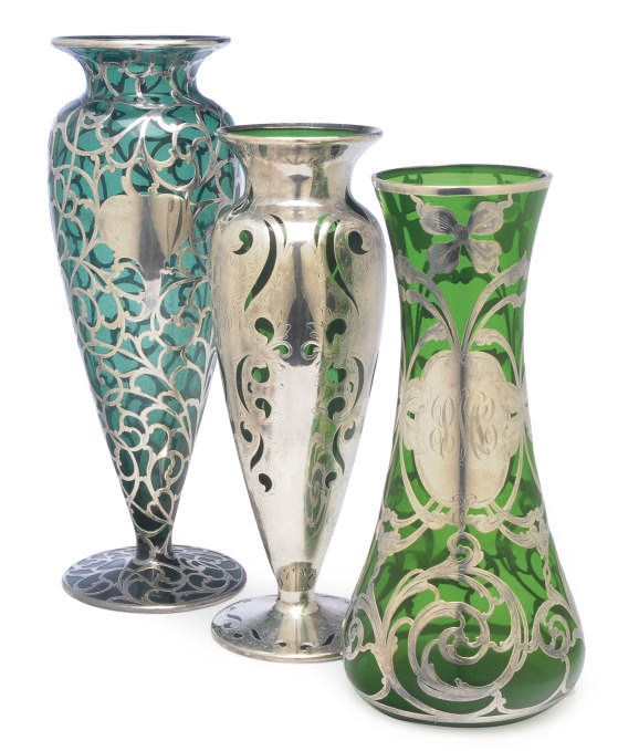 THREE AMERICAN GREEN GLASS AND SILVER OVERLAY VASES,