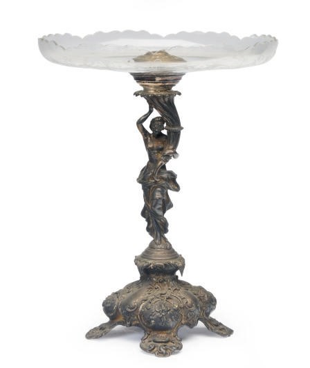 A SILVER-PLATED AND ETCHED GLASS CENTERPIECE,