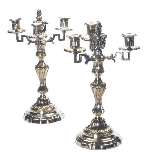 A PAIR OF SILVER-PLATED THREE-LIGHT CANDELABRA,