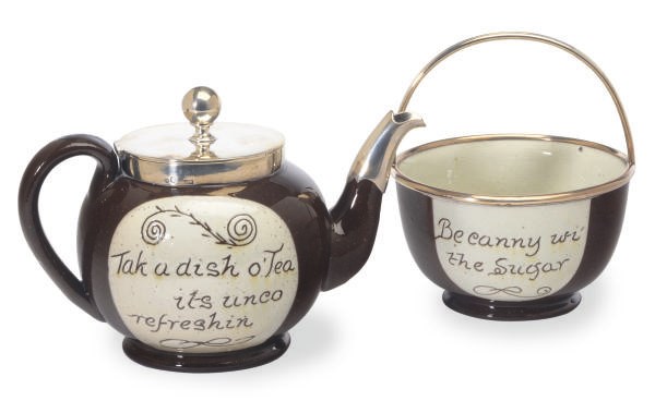 A RUSSIAN SILVER-MOUNTED SCOTTISH BROWN-GLAZED TEAPOT AND SUGAR PAIL,