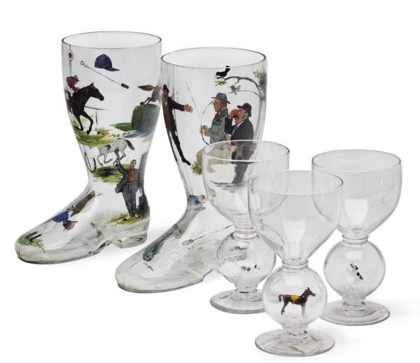 A GROUP OF ENGLISH CLEAR GLASS GOBLETS DECORATED WITH FOX HUNTING THEMES,