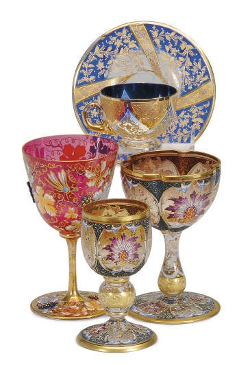 A BOHEMIAN ENAMELED GLASS PART DRINKWARE SET,