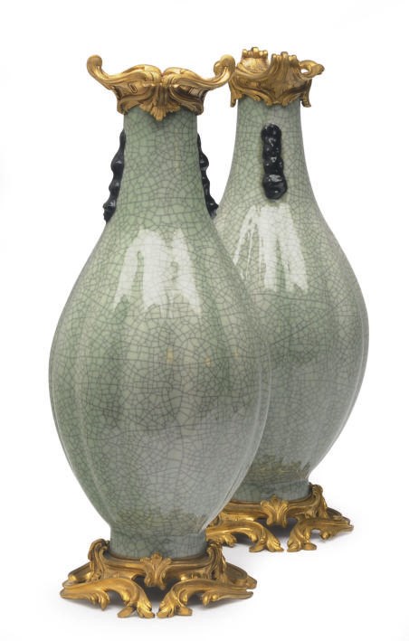 A PAIR OF GILT-METAL CELADON CRACKLE-GLAZE ELONGATED OVOID VASES,