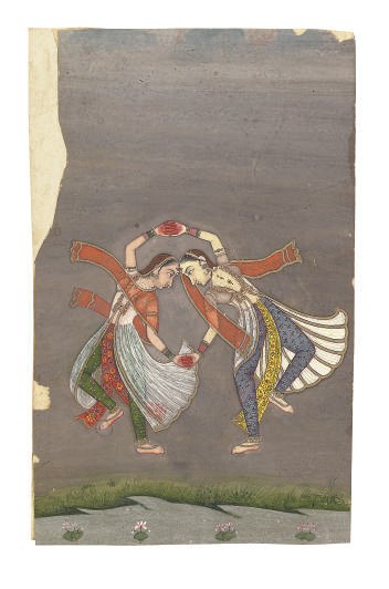 AN INDIAN PAINTING OF TWO DANCING WOMEN,