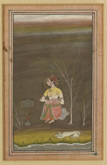 A INDIAN PAINTING OF A WOMAN SEATED BY A RIVER,