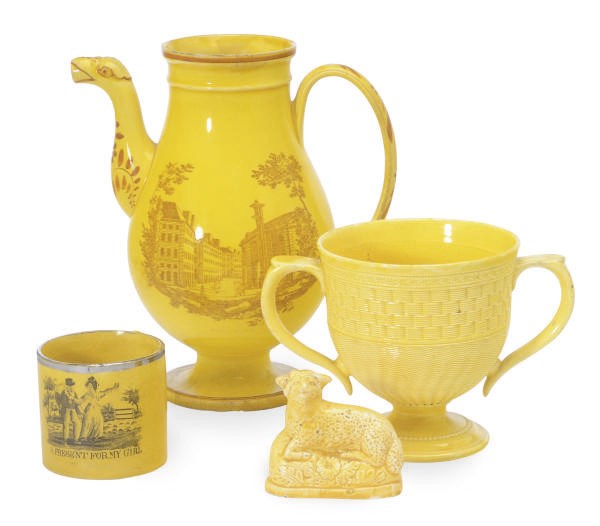 A GROUP OF FRENCH AND ENGLISH YELLOW WARE WITH TRANSFER-PRINTED DECORATION,