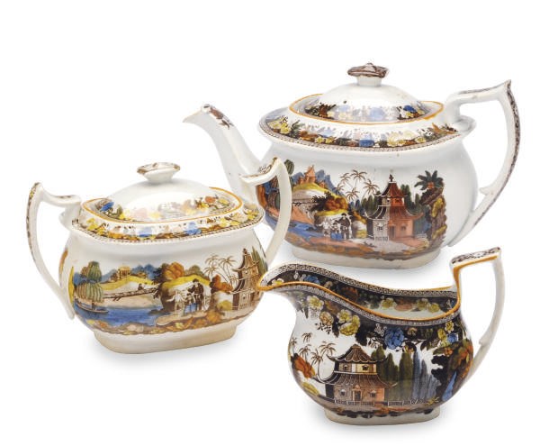 A STAFFORDSHIRE PEARLWARE TEASET TRANSFER-PRINTED IN BROWN AND ENRICHED IN COLORS WITH CHINOISERIE LANDSCAPES,