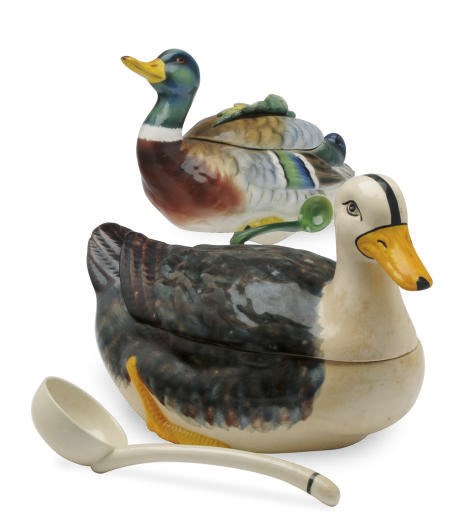 TWO ITALIAN CERAMIC DUCK-FORM TUREENS AND COVERS AND A PORTUGESE DUCK-FORM SOUP TUREEN, COVER AND LADLE,