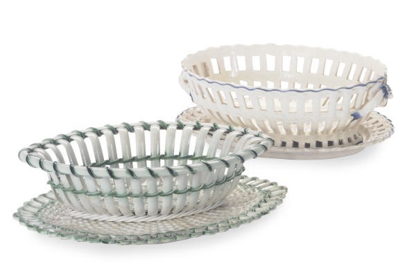 AN ENGLISH PEARLWARE STAVE-WORK BASKET AND STAND, AND A CREAMWARE RETICULATED BASKET AND STAND,