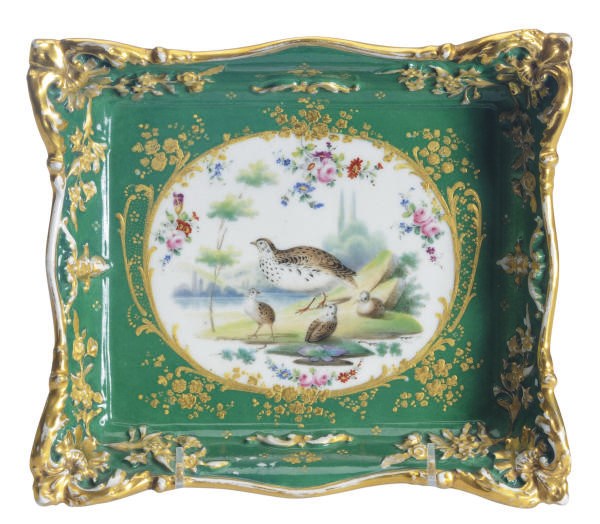 A JACOB PETITE-STYLE GREEN-GROUND RECTANGULAR TRAY,
