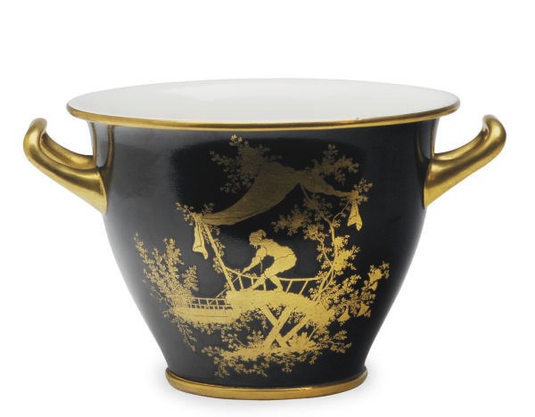 A FRENCH PORCELAIN LATER-DECORATED GILT AND BLACK GROUND ETRUSCAN BOTTLE COOLER,