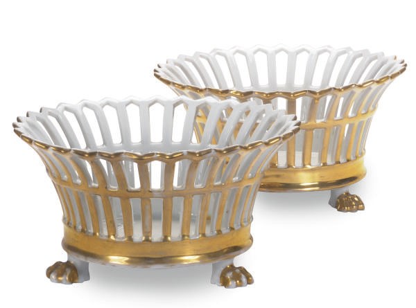 A PAIR OF PARIS PORCELAIN GILT WHITE BASKETS AND A NAVETTE-FORM BASKET,