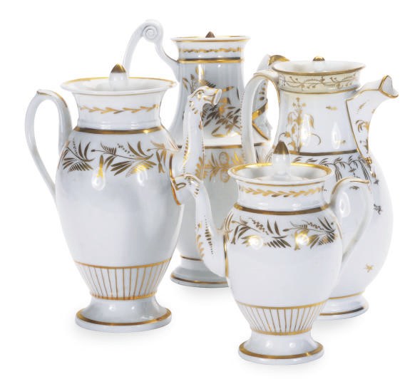 AN ASSEMBLED PARIS PORCELAIN GILT WHITE TEA AND COFFEE SERVICE,