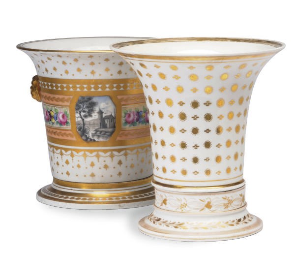TWO SIMILAR PARIS PORCELAIN GILT WHITE FLOWER POTS AND STANDS,
