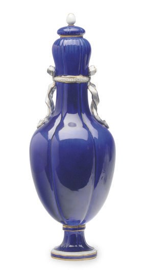 A SEVRES STYLE PORCELAIN COBALT BLUE GROUND VASE AND COVER,