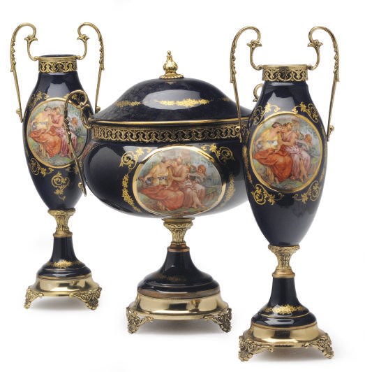 A SEVRES STYLE COBALT GROUND THREE PIECE GARNITURE,