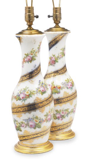 A PAIR OF SEVRES-STYLE WHITE VASES WITH COBALT BANDS MOUNTED AS LAMPS,