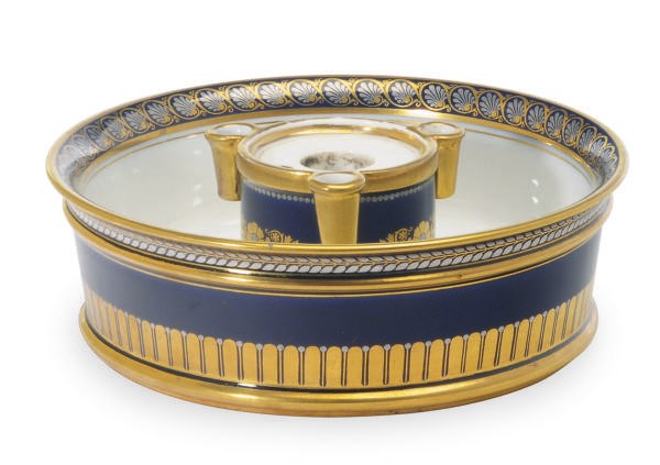 A FRENCH PORCELAIN BLUE-GROUND CYLINDRICAL INKWELL AND INKPOT,