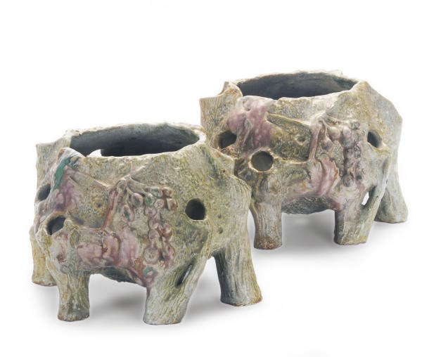 A PAIR OF EARTHENWARE STUMP-FORM BULB POTS,