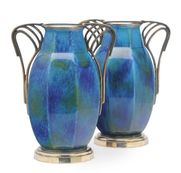 A PAIR OF SILVERED METAL-MOUNTED FRENCH FAIENCE OCTAGONAL BALUSTER VASES,