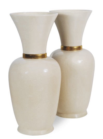 A PAIR OF LARGE FRENCH CERAMIC BEIGE CRACKLE-GLAZED VASES,