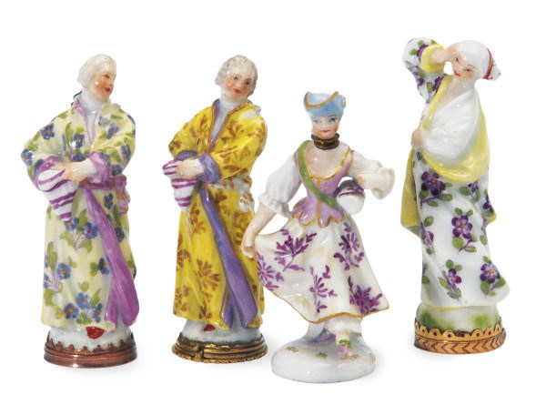 THREE GERMAN PORCELAIN GOLD-MOUNTED MINIATURE FIGURES,