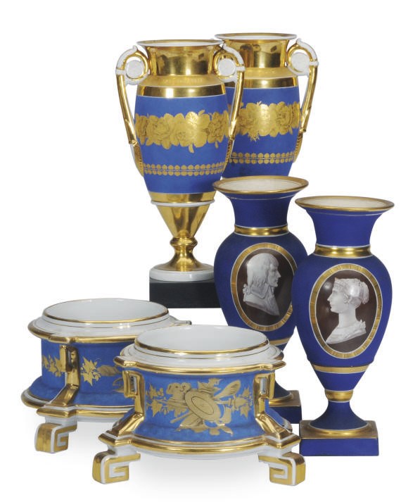 A PAIR OF PARIS PORCELAIN MATTE BLUE AND GOLD-GROUND SCROLL HANDLED VASES MOUNTED ON STANDS, A PAIR OF BALUSTER VASES, AND A PAIR OF JARDINIERE STANDS,